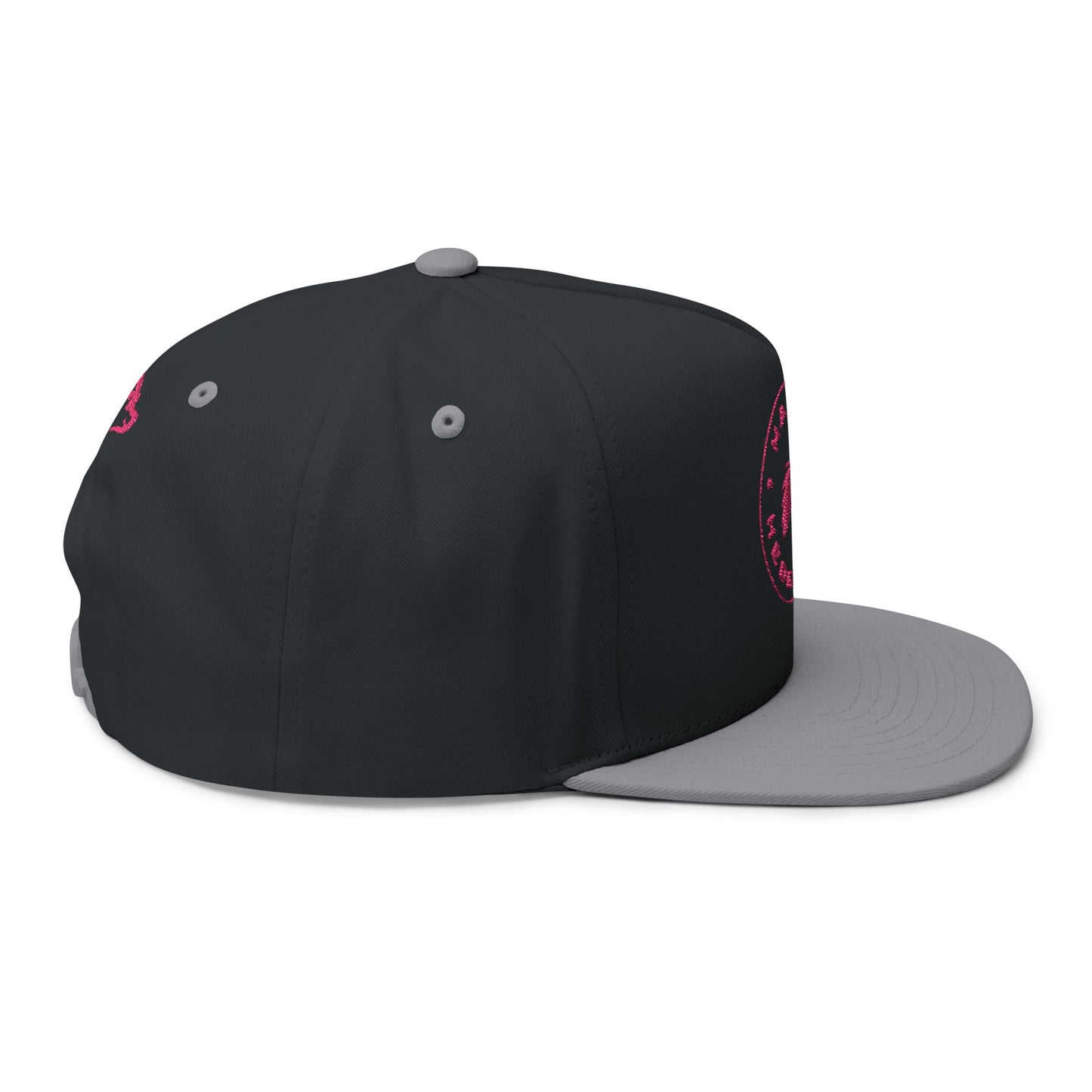 Embroidered Flat Bill Snapback Cap - Pink Logos Front and Back - Happy Hedgehogg