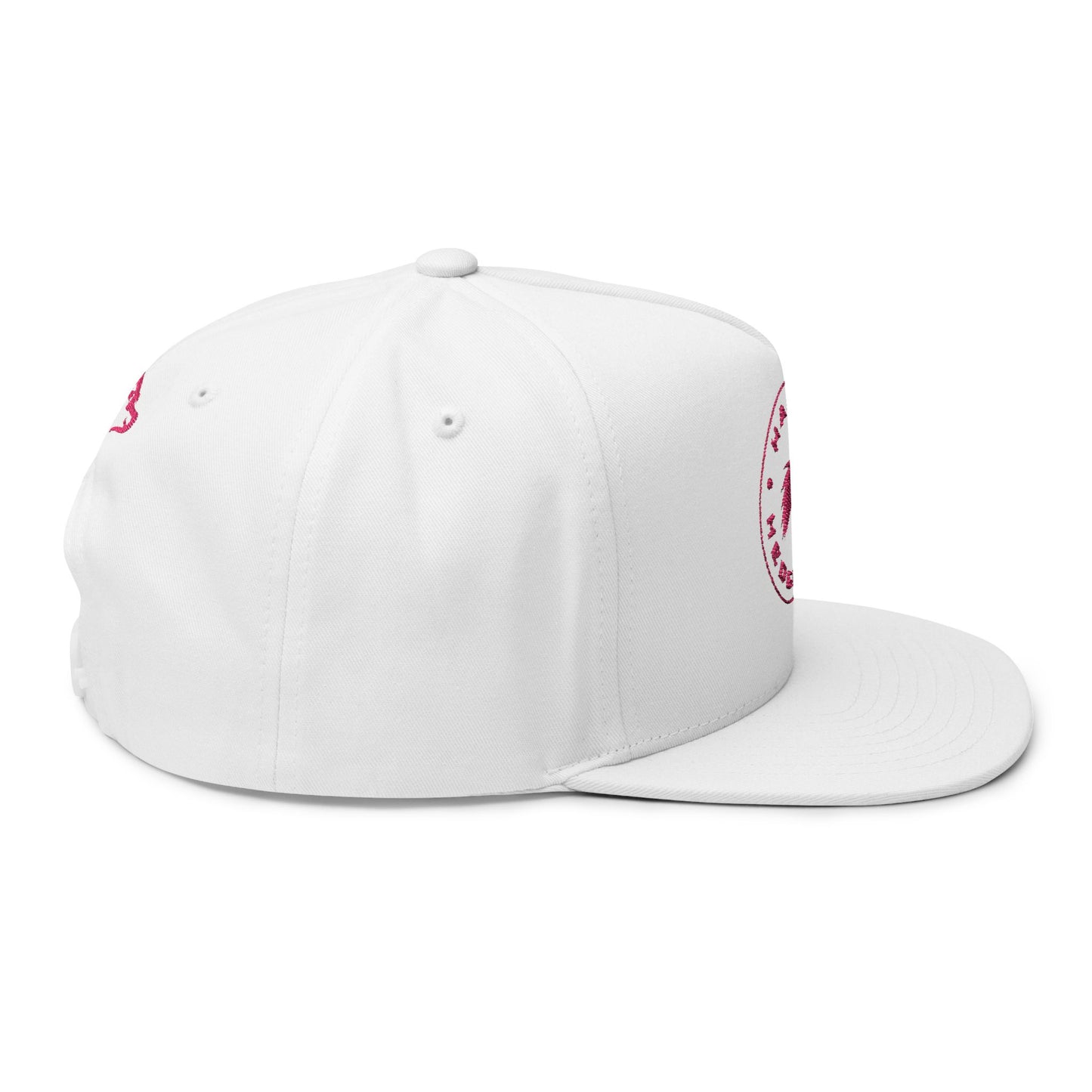 Embroidered Flat Bill Snapback Cap - Pink Logos Front and Back - Happy Hedgehogg