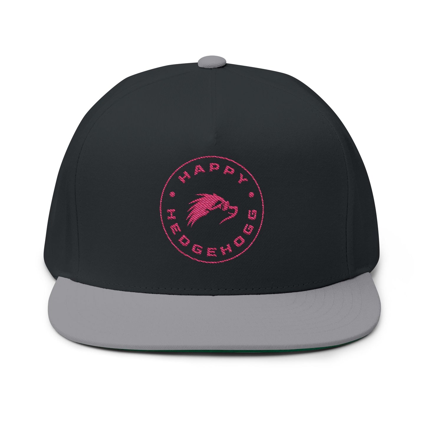 Embroidered Flat Bill Snapback Cap - Pink Logos Front and Back - Happy Hedgehogg