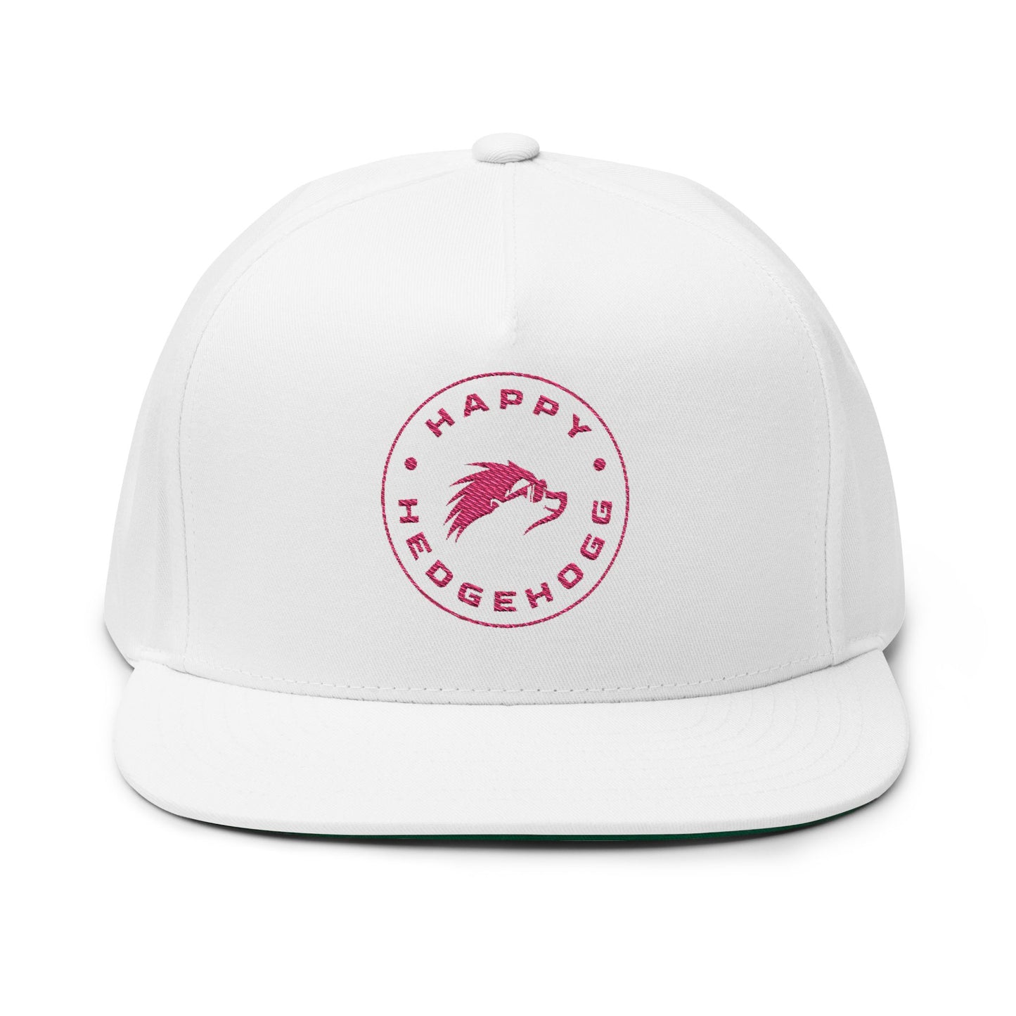Embroidered Flat Bill Snapback Cap - Pink Logos Front and Back - Happy Hedgehogg