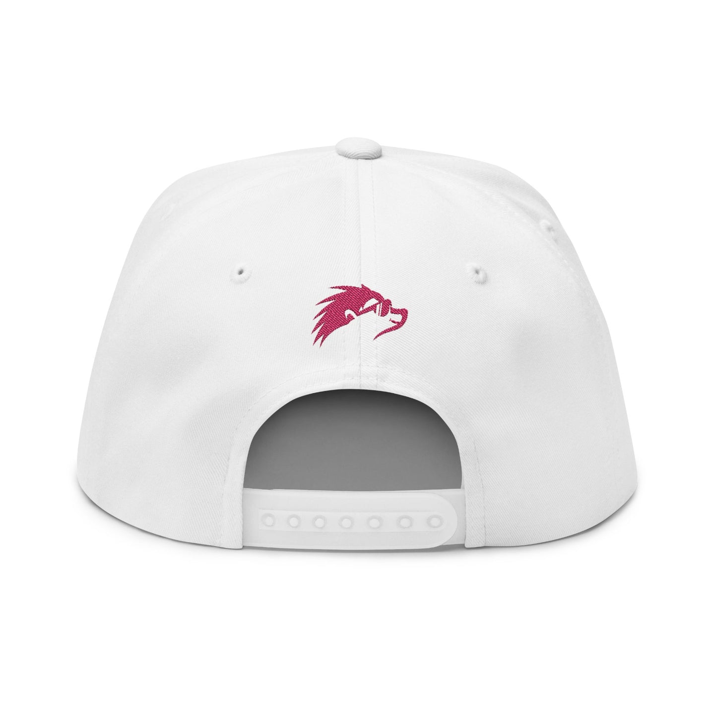 Embroidered Flat Bill Snapback Cap - Pink Logos Front and Back
