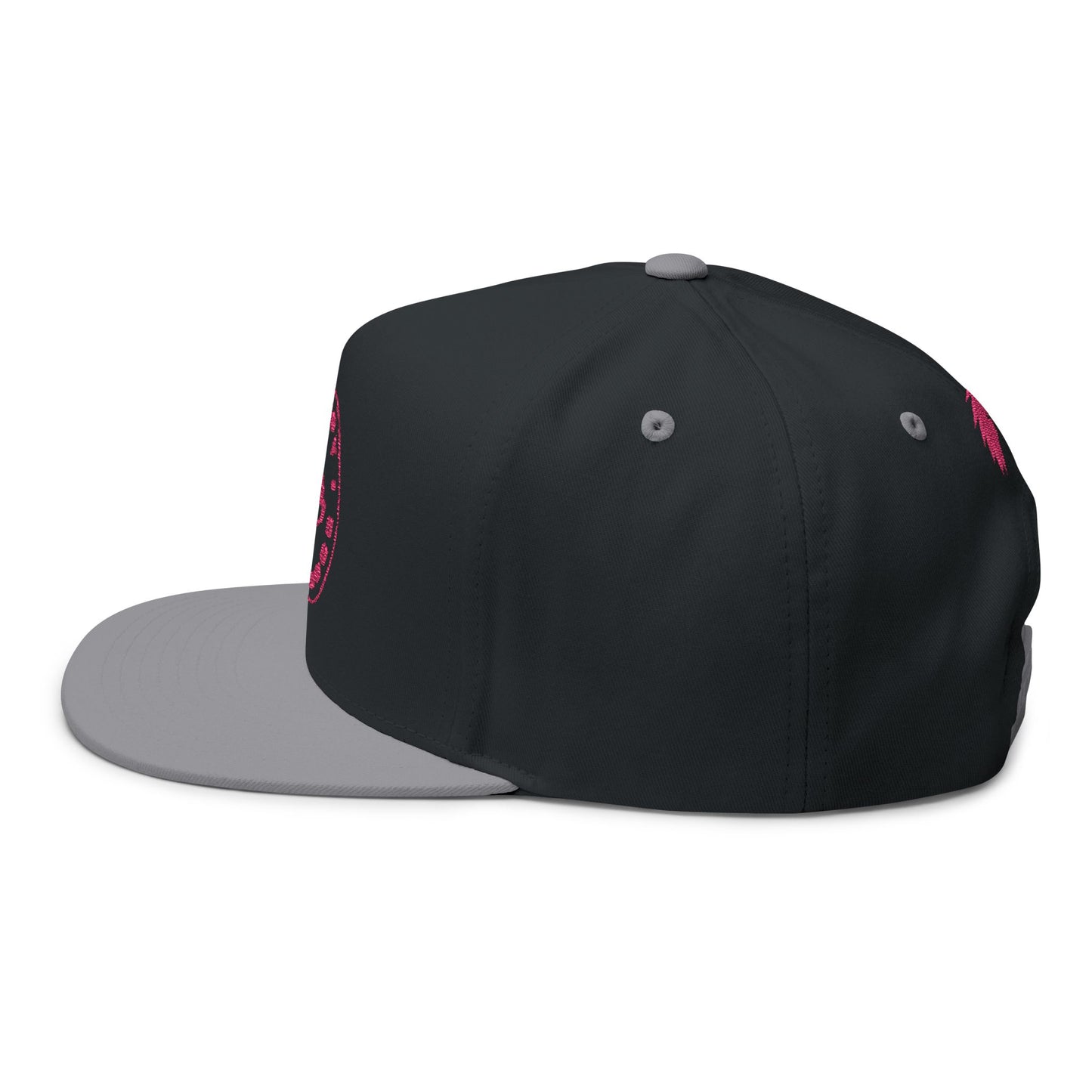 Embroidered Flat Bill Snapback Cap - Pink Logos Front and Back - Happy Hedgehogg