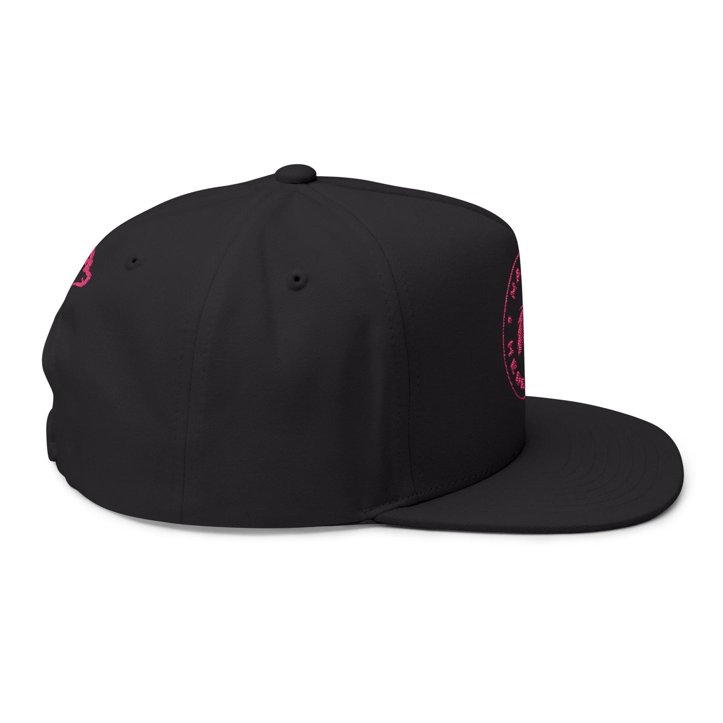 Embroidered Flat Bill Snapback Cap - Pink Logos Front and Back - Happy Hedgehogg