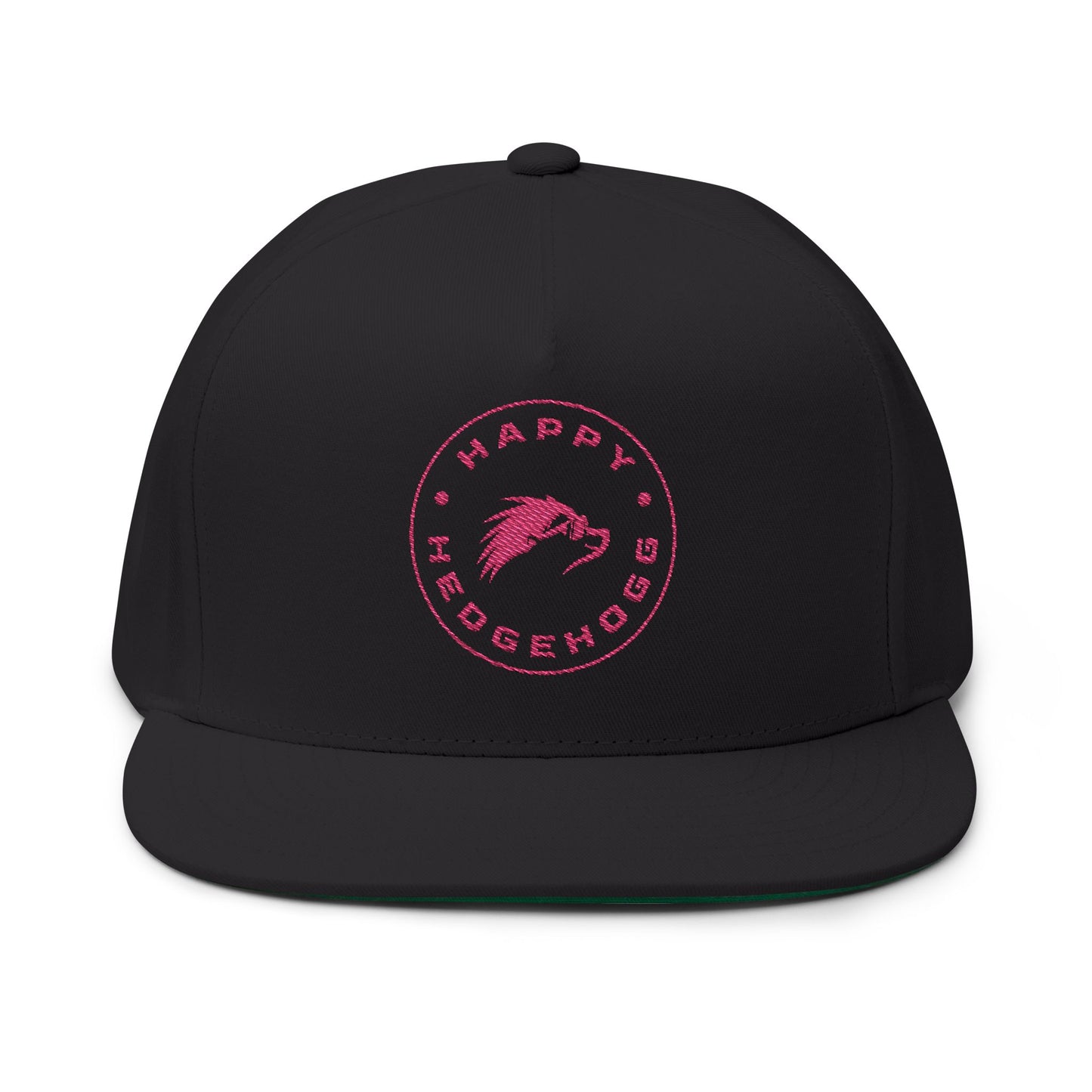 Embroidered Flat Bill Snapback Cap - Pink Logos Front and Back - Happy Hedgehogg