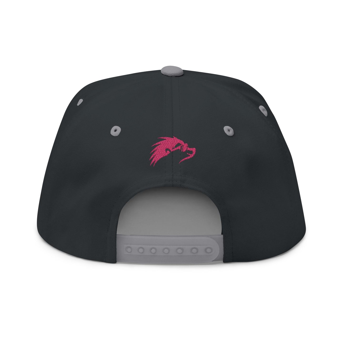 Embroidered Flat Bill Snapback Cap - Pink Logos Front and Back