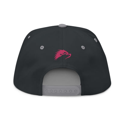 Embroidered Flat Bill Snapback Cap - Pink Logos Front and Back