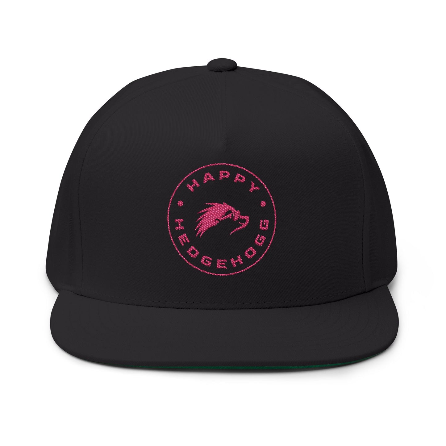 Embroidered Flat Bill Snapback Cap - Pink Logos Front and Back