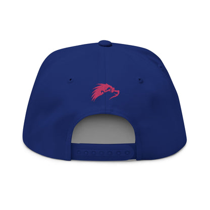 Embroidered Flat Bill Snapback Cap - Pink Logos Front and Back