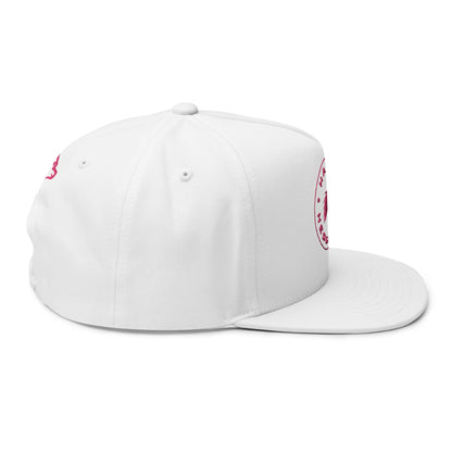 Embroidered Flat Bill Snapback Cap - Pink Logos Front and Back - Happy Hedgehogg