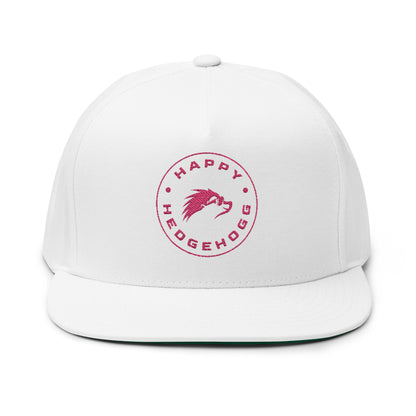 Embroidered Flat Bill Snapback Cap - Pink Logos Front and Back - Happy Hedgehogg