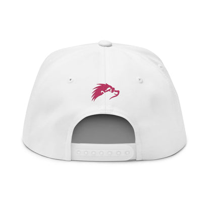 Embroidered Flat Bill Snapback Cap - Pink Logos Front and Back