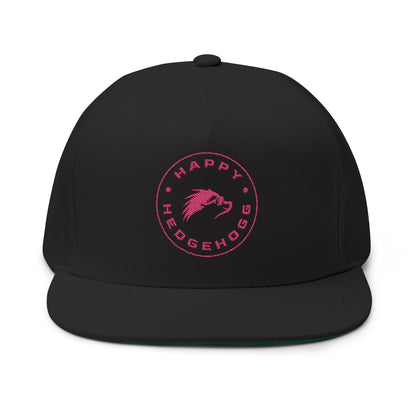 Embroidered Flat Bill Snapback Cap - Pink Logos Front and Back - Happy Hedgehogg