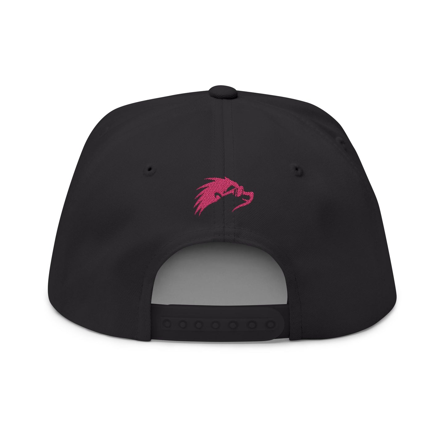 Embroidered Flat Bill Snapback Cap - Pink Logos Front and Back