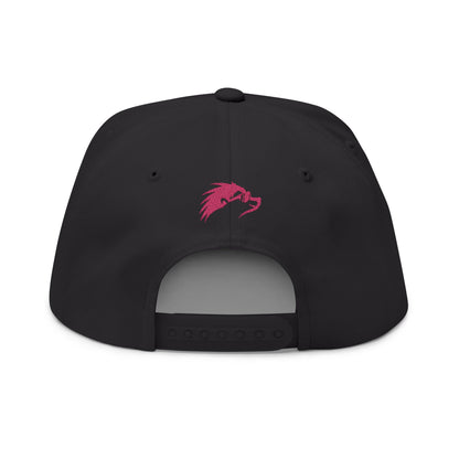 Embroidered Flat Bill Snapback Cap - Pink Logos Front and Back