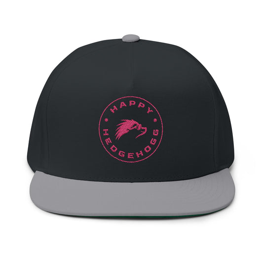 Embroidered Flat Bill Snapback Cap - Pink Logos Front and Back